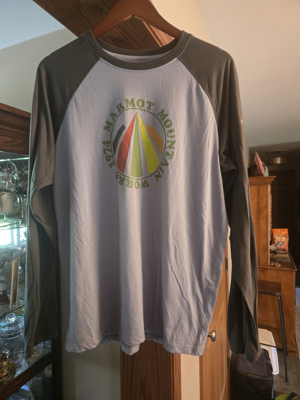 Marmot Raglan Long Sleeve Tee in Light Blue and Olive